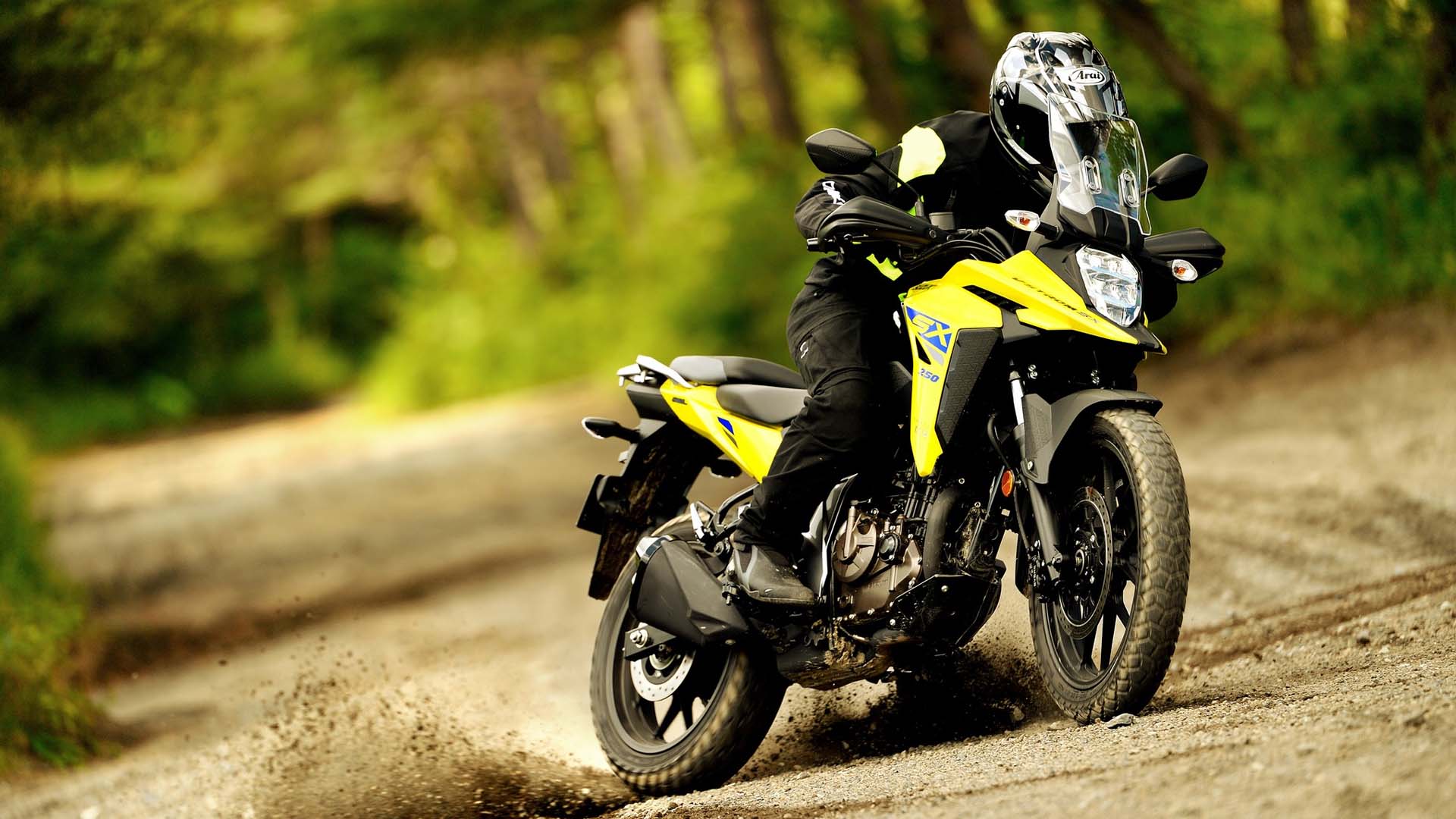 The Suzuki V-STROM 250 SX being ridden on a dirt track.