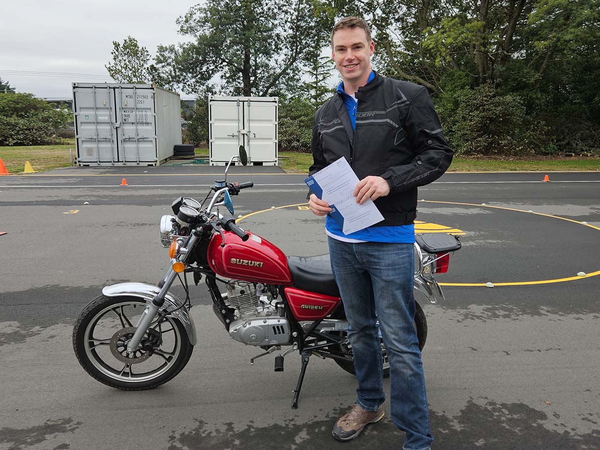 A new rider passing the motorcycle Basic Handling Skills Test.